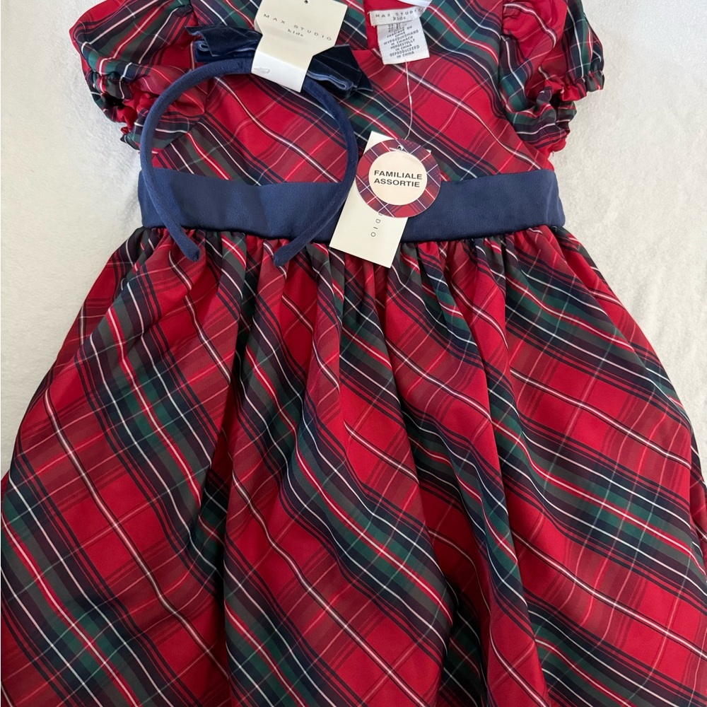 Max Studio Kids Red Green Tartan Dress with Navy Bow